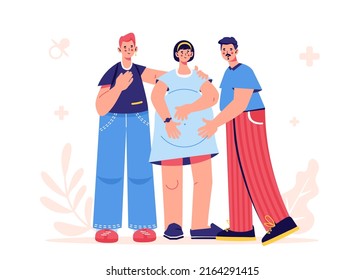 Surrogacy. Gestational surrogate before childbirth. Pregnant woman standing with future gay parents. Baby expectation. Lgbtq+ family. Pride parade.