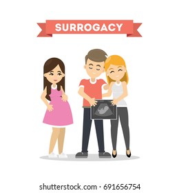 Surrogacy illustration concept. Family couple wait for new child with surrogate mother.