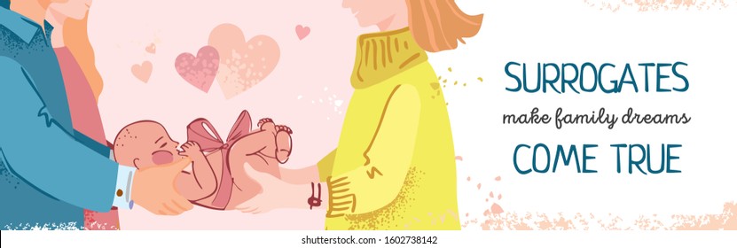 The surrogate mother gives the baby to his parents. Baner's concept of motherhood and the possibility of becoming parents for clinics and magazines about women's health. Flat cute vector illustration.