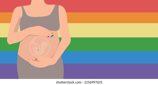 Surrogate pregnant woman on the rainbow background. Human embry in the womb. Vector illustration