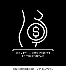 Surrogate pregnant woman white linear icon for dark theme. Gestational carrier, childbearing. Paid pregnancy, womb for rent. Thin line illustration. Isolated symbol for night mode. Editable stroke