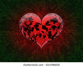 Surround glowing red heart with the engraving of roses on a back