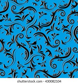 Surround seamless vintage black floral abstract pattern on a blue background, vector illustration