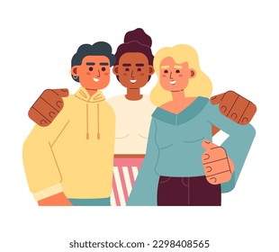Surround yourself with good people 2D vector isolated spot illustration. Best friends group hugging flat characters on white background. Friendship day. Diverse community colorful editable scene