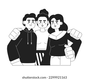 Surround yourself with good people 2D vector monochrome isolated spot illustration. Best friends group hugging flat hand drawn characters on white background. Friendship editable outline cartoon scene