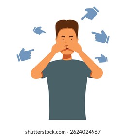 Surrounded by pointing hands, a young man covers his mouth, facing social pressure and censorship