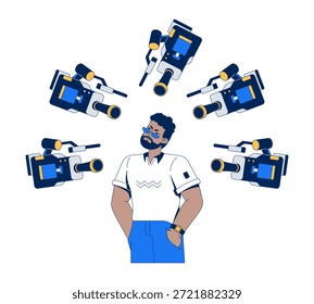 Umgeben von Überwachungskameras 2D-Illustrationskonzept. Unbehagen bei ständiger Beobachtung. Schwarzer Mann persönliche Privatsphäre Verletzung Cartoon-Charakter einzeln auf weiß. Flache abstrakte Vektormetapher