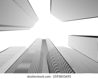Surrounded by tall rectangular buildings with continuous lines on a white background.