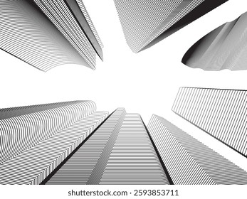 The surrounding tall buildings have continuous lines on a white background.
