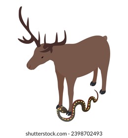 Surrounding world icon isometric vector. Crawling desert cobra near adult moose. Biological diversity concept