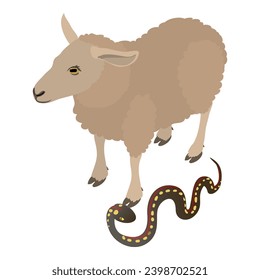 Surrounding world icon isometric vector. Crawling desert cobra near white sheep. Biological diversity concept