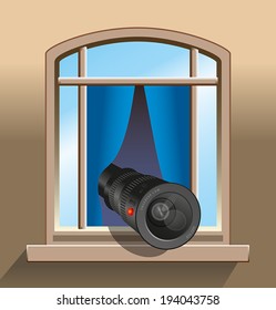 Surveillance    An agent  spy voyeur is secretly observing and camera out window  Vector illustration grey gradient background 