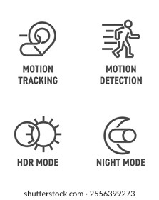 Surveillance camera benefits. CCTV icons set in bold line for packaging - HDR mode, Night mode, Motion tracking and detection