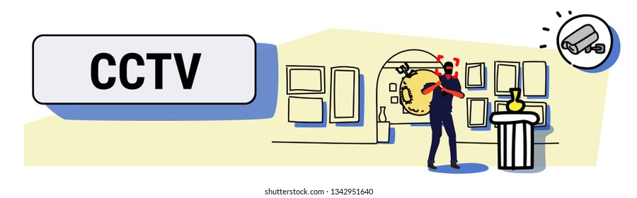 surveillance camera capturing masked thief stealing exhibits cctv detected robber security alarm system modern museum interior sketch horizontal banner