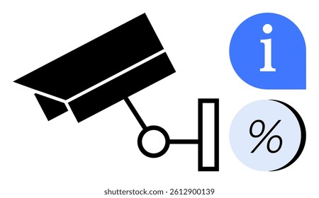 Surveillance camera capturing scene, alongside blue info icon and percentage symbol. Ideal for security systems, data tracking, business analytics, digital marketing, information dissemination
