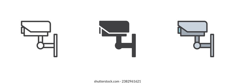 Surveillance camera different style icon set. Line, glyph and filled outline colorful version, outline and filled vector sign. Cctv symbol, logo illustration. Vector graphics