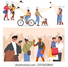 Surveillance Camera Equipped With A Face Recognition System Uses Advanced Technology To Identify Individuals By Analyzing Their Facial Features. And Tracking People. Cartoon People Vector Illustration