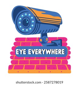 Surveillance camera with eye everywhere text, flat sticker 
