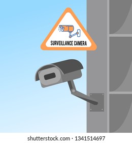 Surveillance Camera Flat Vector Illustration. CCTV System Cartoon Sign. Street Camera with Linear Icon. Close-Circuit Television Equipment. Police Control System. Video Monitoring Technical Blue