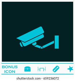 Surveillance Camera icon flat. Blue pictogram on dark background. Vector illustration symbol and bonus icons