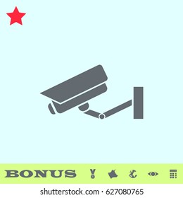 Surveillance Camera icon flat. Grey pictogram on blue background. Vector illustration symbol and bonus buttons medal, cow, earth, eye, calculator
