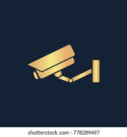 Surveillance Camera icon flat. Simple gold pictogram on dark background. Vector illustration symbol