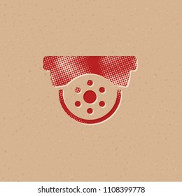 Surveillance camera icon in halftone style. Grunge background vector illustration.