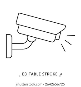 Surveillance camera icon in minimal line style with editable stroke. Symbol of security system, video monitoring, safety equipment, CCTV visuals, motion tracking, privacy control