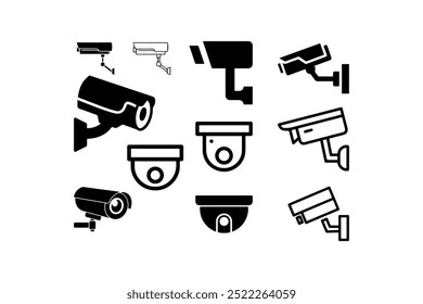 Ícone da câmera de vigilância definido em preto e branco. Design de ilustração vetorial.