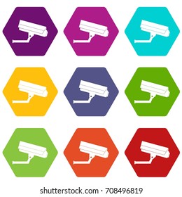Surveillance camera icon set many color hexahedron isolated on white vector illustration