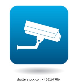 Surveillance camera icon in simple style in blue square. Video symbol