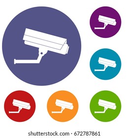 Surveillance camera icons set in flat circle red, blue and green color for web