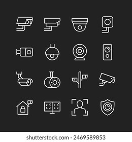 Surveillance camera icons, white on black background. Security cameras for poles, houses, desktops. Live feeds, video recording. Customizable line thickness