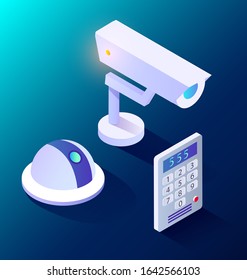 Surveillance camera and intercom 3d smart home equipment isolated blue. Wireless device video and key electronic protection. Innovation technology follow media and call system with buttons, isometric