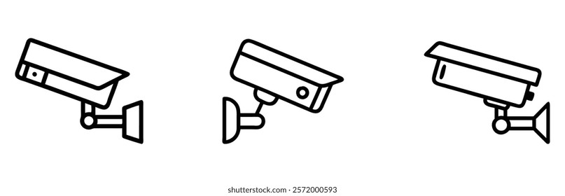 Surveillance camera outline icon set, A collection of surveillance camera outline icons in a minimalist style, ideal for security, monitoring, and technology-related designs. 