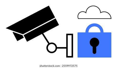 Surveillance camera pointed at a cloud icon and a blue padlock symbolizing data security. Ideal for security systems, cloud storage, data privacy, surveillance technology, cybersecurity themes