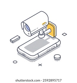 Surveillance camera positioned above a smartphone, emphasizing modern data protection methods. Modern isometric line art vector illustration