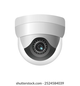 La cámara de vigilancia es redonda y blanca. Cámara CCTV 3D aislada sobre fondo blanco. Cámara de circuito cerrado de televisión. Sistema de monitoreo de seguridad para el hogar inteligente. Ilustración vectorial