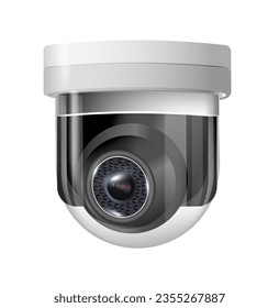 Surveillance camera round white circular view of the hanging fixture. Security camera. Vector illustration