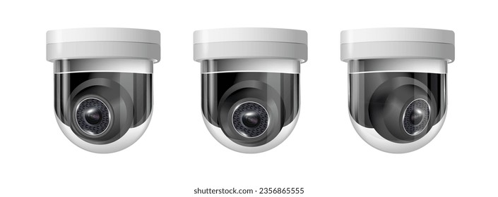 Surveillance camera round white circular view of the hanging fixture. Security camera. Vector illustration