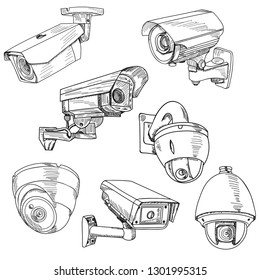 surveillance camera, set of sketches, on a white background