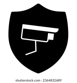 Cámara de vigilancia, escudo, protección, seguridad, icono sólido cctv, concepto CCTV, signo vector seguro sobre fondo blanco, icono de estilo glifo para concepto móvil y diseño web. Gráficos vectoriales