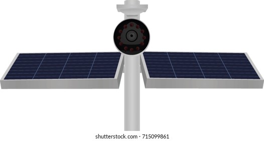 Surveillance camera and solar panels on metal pole. vector illustration