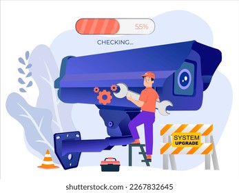 Surveillance Camera System Upgrade Concept. illustration of a technician performing a system update on a CCTV camera.
