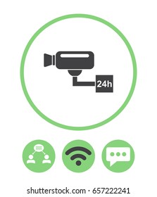 Surveillance camera, teamwork, wireless and speech bubble vector icon.