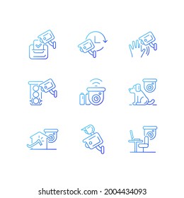 Surveillance camera usage gradient linear vector icons set. Election observation. Pet control. Motion detection. Thin line contour symbols bundle. Isolated vector outline illustrations collection