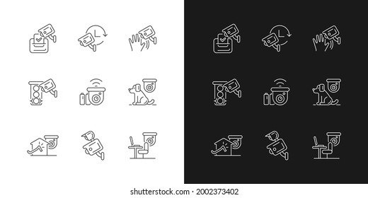 Surveillance Camera Usage Linear Icons Set For Dark And Light Mode. Election Observation. Motion Detection. Customizable Thin Line Symbols. Isolated Vector Outline Illustrations. Editable Stroke