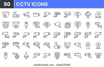 Surveillance Camera vector line icon set. Contains linear outline icons like CCTV, Security Smart Cam, Videocamera, Home Safety Control Protection Equipment. Editable use and stroke for web.