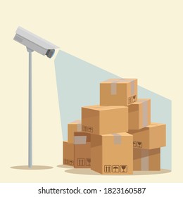 Surveillance camera in the warehouse. Video surveillance at the factory. Theft prevention. Vector illustration, flat design, cartoon style, isolated.