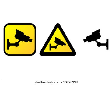 Surveillance camera warning signs over white background